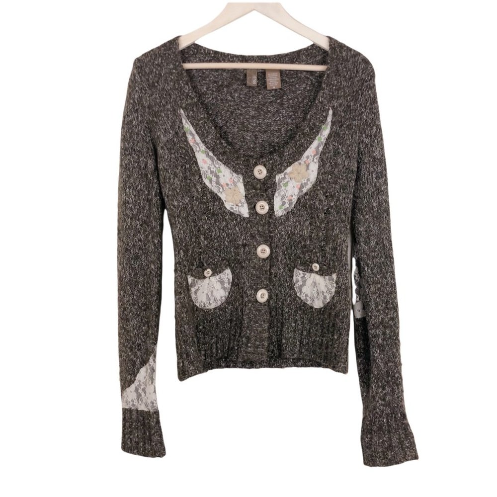 BKE CottageCore Cardigan Sweater Lace Embroidered Wool Blend Women's M Brown